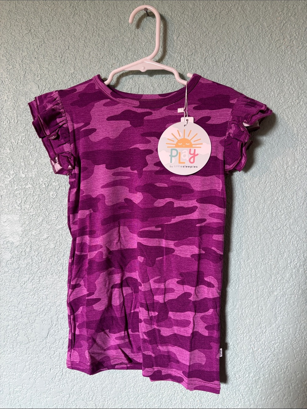 Little Sleepies Pink & Purple Camo 95% Bamboo Ruffle Sleeve Tee Girls Size 7 NWT